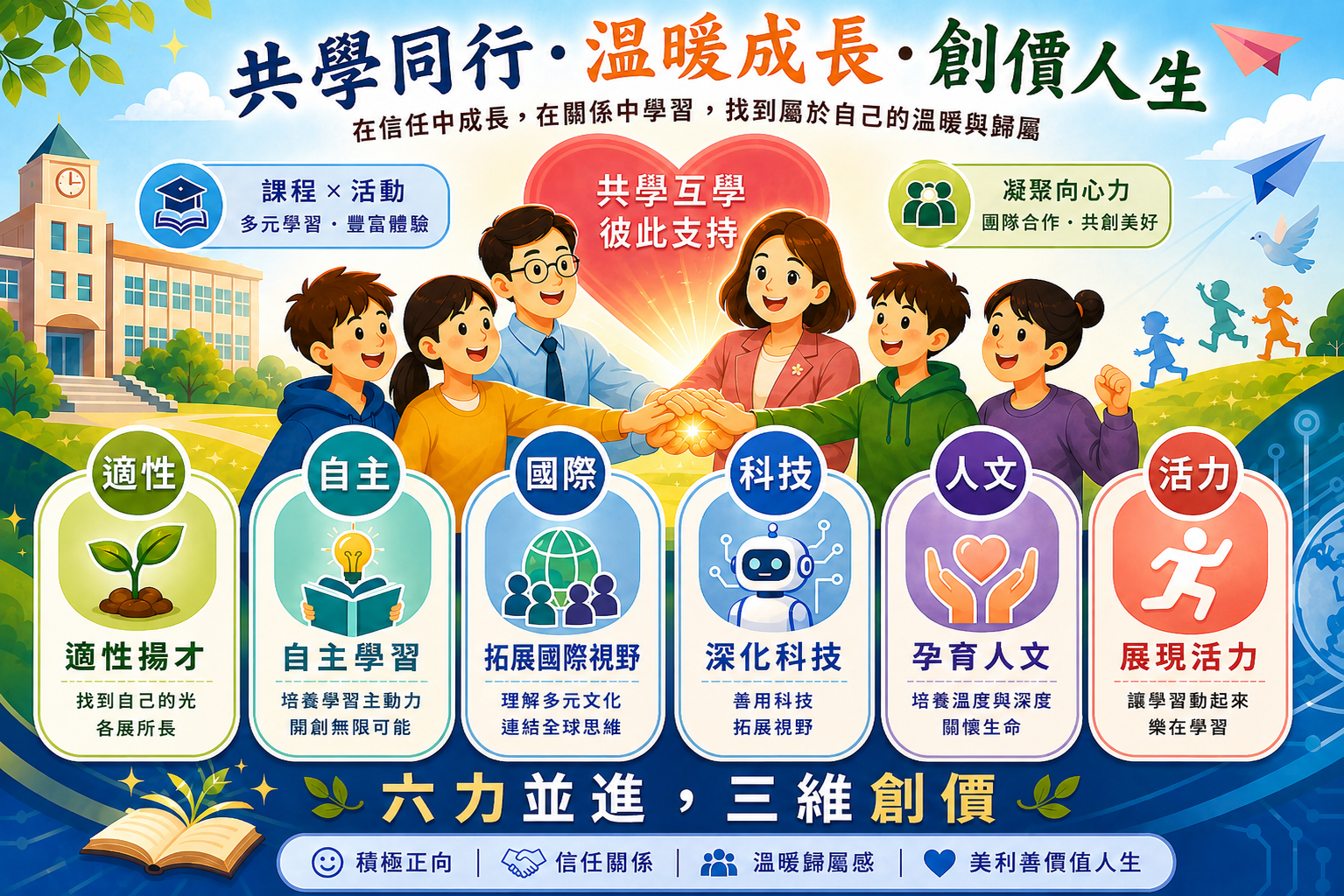 共學共行,溫暖成長,創價人生，透過適性、自主、國際、科技、人文、活力，六力並進，三維創價
